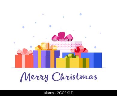 Grande pile de boîtes-cadeaux colorées et inscription Joyeux Noël. Illustration de vacances style vectoriel de style plat isolée sur fond blanc Illustration de Vecteur