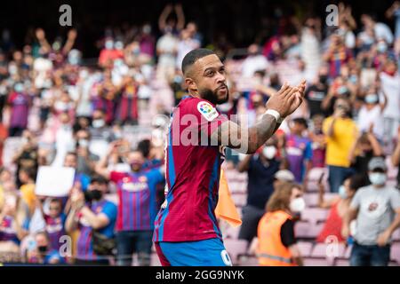 Memphis Depay du FC Barcelone célèbre un but lors du championnat d'Espagne la Liga football match entre le FC Barcelone et Getafe CF le 29 août 2021 au stade Camp Nou à Barcelone, Espagne - photo Marc Gonzalez Aloa / Espagne DPPI / DPPI Banque D'Images