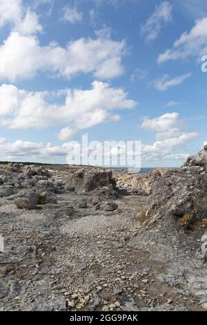 Piles de mer à Digerhuvud sur l'île de Fårö, Gotland, Suède Banque D'Images