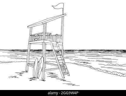 Station de sauvetage tour de sauvetage mer côte graphique plage noir blanc paysage croquis vecteur d'illustration Illustration de Vecteur
