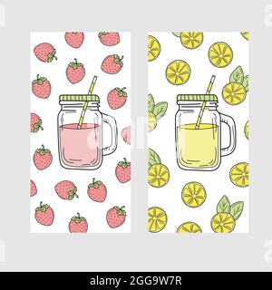 Ensemble mignon de cartes d'été lumineuses avec boissons. Limonade au citron et aux fraises et smoothies. Illustration de Vecteur