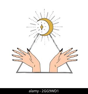 Vintage Mystic Half Moon et les mains des femmes à l'intérieur du triangle Illustration de Vecteur