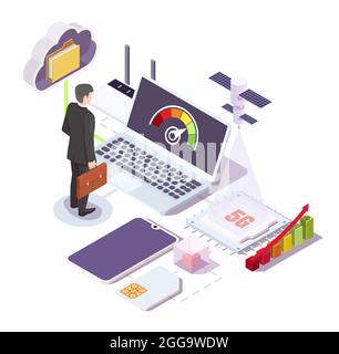 Organigramme Internet haut débit Wi-fi 5G, illustration isométrique vectorielle. réseau 5g, nouvelle technologie sans fil Illustration de Vecteur