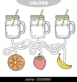 Coloriage. Puzzle et activité pour les enfants. Passez par le labyrinthe et colorer la limonade avec la bonne couleur de fruit. Illustration de Vecteur