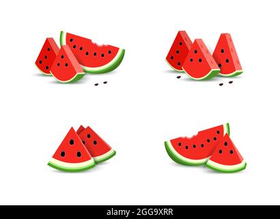 Définir une illustration réaliste des tranches de pastèque triangulaires. Une demi-pastèque Illustration de Vecteur