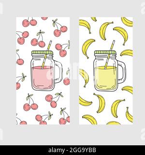 Ensemble mignon de cartes d'été lumineuses avec boissons. Limonade aux cerises et aux bananes et smoothies. Illustration de Vecteur