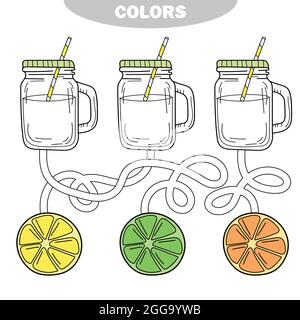 Coloriage. Puzzle et activité pour les enfants. Passez par le labyrinthe et colorer la limonade avec la bonne couleur de fruit. Illustration de Vecteur