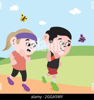 Couple courant à Park pour rester en bonne santé. Forme physique Freak jogging fille et garçon. Parc public le jour de l'été avec papillons. Illustration de Vecteur