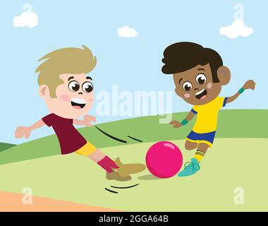 Mixed Race enfants jouant au football en plein air dans le parc public avec des amis. Post Covid Jeux et vie sociale. Illustration de Vecteur