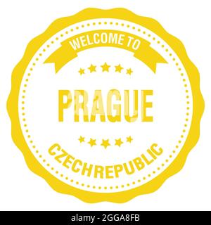 BIENVENUE À PRAGUE - RÉPUBLIQUE TCHÈQUE, mots écrits sur le timbre jaune rond de l'insigne Banque D'Images