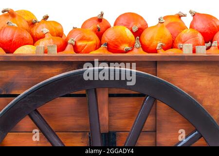 Chariot en bois antique d'automne avec citrouilles isolées sur un fond blanc Banque D'Images