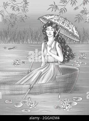 Sad Lady en robe portant un parapluie sur UN bateau flottant dans le lac avec des lilas d'eau lignes incolores dessin. Femme solitaire longue aux cheveux tenant UN parasol Banque D'Images