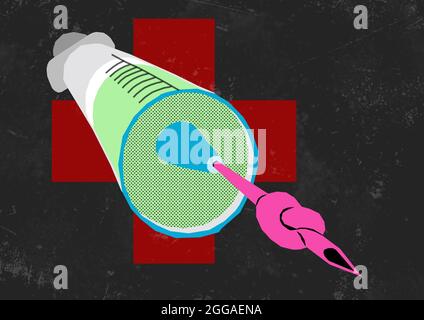 Nœud de seringue dans l'aiguille, arrêter la vaccination en cas de pandémie, problèmes de vaccination, effets secondaires, complications Banque D'Images