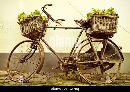 Image de style rétro d'une vieille bicyclette rouillée avec des paniers Banque D'Images