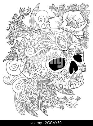 Tatouage Skull Line dessin entouré de jolies roses et des feuilles agréables en vue latérale vers le bas. Le dessin de tête de Sceleton effrayant enfermé magnifique Illustration de Vecteur