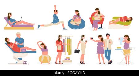 Femme enceinte dans une activité différente, style de vie sain ensemble vecteur illustration. Caricature femme souriante personnage manger ou se reposer, faire du sport ou des exercices de yoga, grossesse heureuse isolée sur blanc Illustration de Vecteur