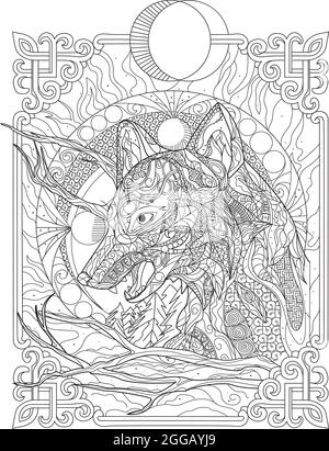 Gros dessin effrayant Wolf Head Line regardant loin au milieu de la nuit. Grand visage de chien troublant dessin avec Afar à un côté à l'heure sombre. Illustration de Vecteur