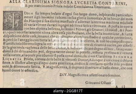 Page d'un livre sur les travaux d'aiguille, 1567. Page de dédicace avec un premier "I" illustré, adressé à la Clarissima signora Lucretia Contarini. Page 2 (recto) rom la Vera Perfettione del Disegno di varie sorti di recami, un livre de couture et de motifs de broderie. Banque D'Images