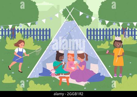 Les enfants jouent ensemble dans la tente de tipi, camp de maison dans l'illustration vectorielle du parc d'été. Dessin animé heureux mignon enfants personnages ont le temps amusant sur pique-nique, les filles portant des robes de princesse, boire le fond de thé Illustration de Vecteur