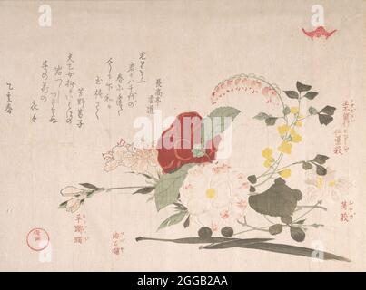 Collection Spring Rain (Harusame shu), vol. 2: Fleurs coupées: Clematis, Bush Clover, Iris, Camellia, et Azalea , 1815 (année de l'Ox). Banque D'Images