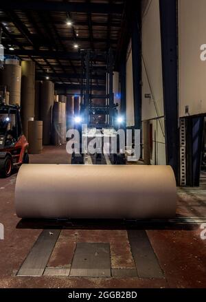 Le papier est converti en carton ondulé composé de plusieurs couches ondulées et plates. Ce produit final est utilisé pour l'emballage Banque D'Images