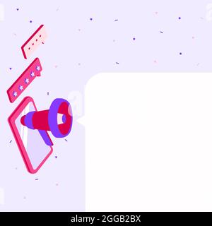 Dessin d'une tablette avec Megaphone faisant une nouvelle annonce dans UNE boîte de conversation. Dessin d'appareil mobile, y compris Bullhorn faisant du tonnerre par message . Illustration de Vecteur