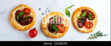 Mini-tartes à la viande séchée, aux tomates, à la ricotta, au thym, au basilic et aux olives sur fond clair. Mise au point sélective.vue de dessus. Banque D'Images