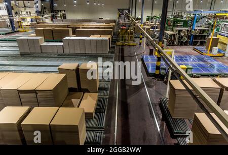 Le papier est converti en carton ondulé composé de plusieurs couches ondulées et plates. Ce produit final est utilisé pour l'emballage Banque D'Images