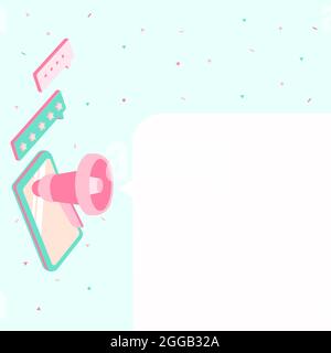 Dessin d'une tablette avec Megaphone faisant une nouvelle annonce dans UNE boîte de conversation. Dessin d'appareil mobile, y compris Bullhorn faisant du tonnerre par message . Illustration de Vecteur