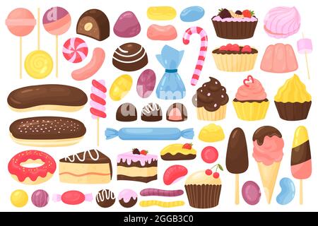 Ensemble de desserts sucrés, confiserie ou menu de nourriture de café pour enfants illustration vectorielle. Collection de collations de dessin animé shugar avec gâteau au chocolat, crème glacée, beignet, cupcake et gelée de bonbon de Lollipop isolée sur blanc Illustration de Vecteur