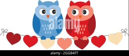 Chouettes chouettes chouettes, logées sur des drapeaux en forme de coeur. Couple vectoriel de Sweet Owls Illustration de Vecteur