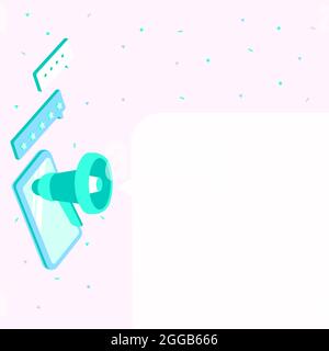 Dessin d'une tablette avec Megaphone faisant une nouvelle annonce dans UNE boîte de conversation. Dessin d'appareil mobile, y compris Bullhorn faisant du tonnerre par message . Illustration de Vecteur