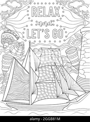 Illustration d'UN Voilier flottant sur l'océan entouré par Seashells sous la note d'inspiration. Ligne de bateau dessin voile à la mer autour de Shells Illustration de Vecteur