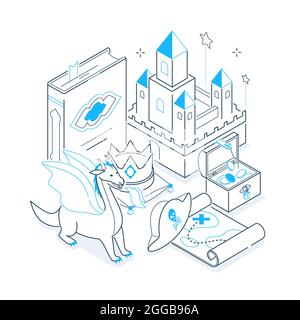 Enfance magique - illustration isométrique à lignes noires et bleues. Des œuvres d'art épurée et élégantes au design fin. Un monde fantastique créé par l'imagination d'un enfant Illustration de Vecteur