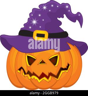 Jolie citrouille portant un chapeau de sorcière d'Halloween violet Illustration de Vecteur