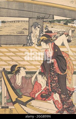 Parties de plaisir en bateaux sur la rivière Sumida sous le pont Ryogoku, ca. 1796. Banque D'Images