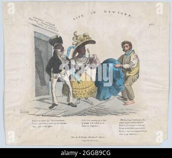 La vie à New York, 1824-39. Un immigré irlandais pauvre entre deux Afro-Américains bien habillés pour échanger son vieux manteau contre un nouveau. Banque D'Images