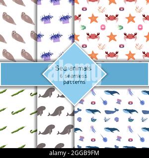 Ensemble composé de six animaux marins sans couture avec phoque, dugon, baleine et stringray, poisson-étoiles de crabe. Imprimé habitants du monde sous-marin. Collection de vie sous-marine dessinées à la main. Drôle de dessin animé animaux marins Illustration de Vecteur