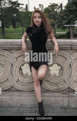Belle jeune femme asiatique dans une robe noire décontractée debout près de la main courante dans le parc. Cheveux longs. Bonne posture. Jolie femme vietnamienne. Banque D'Images