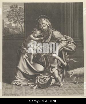 La Vierge assise avec le bébé Christ sur ses genoux, le jeune Saint Jean-Baptiste s'agenouille sur le berceau du Christ et caressant son pied, un agneau à droite, après Reni, ca. 1650-1704. Banque D'Images