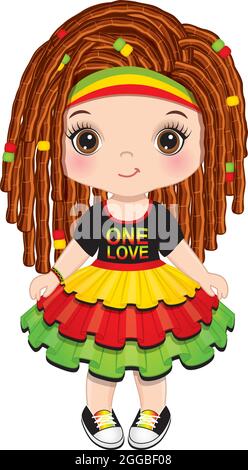 Jolie petite fille Reggae avec des dreadlocks portant une robe Rastafarian. Vector Reggae Girl Illustration de Vecteur