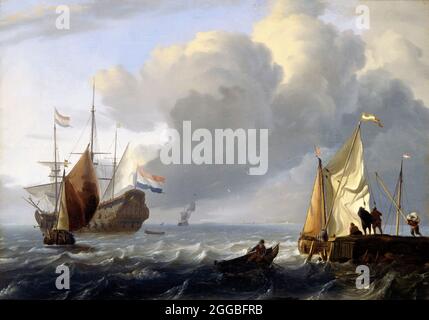 Ludolf Backhuysen ( Ludolf Bakhuizen : 1631-1708) 'Seascape (frégate néerlandaise tractant un skiff)', huile sur chêne, 1680/90 Banque D'Images