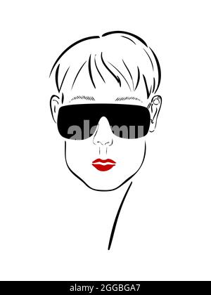 Visage graphique d'une fille en lunettes avec un contour d'oreille cartilagineux et des lèvres rouges. Dessin vectoriel d'une esquisse de mode. Illustration de Vecteur