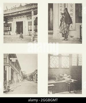 Front of Kwan-Yin Temple, Hong-Kong; UN prêtre mendiant; UNE rue à Hong-Kong; le tabagisme de l'opium dans un restaurant, c. 1868. Une oeuvre de collotype, pl. ix de l'album "illustrations de la chine et de son peuple, volume i" (1873). Banque D'Images