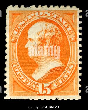 15c Daniel Webster impression spéciale simple, 1875. Non utilisé ; impression spéciale de l'édition 1873 ; en 1875, les fonctionnaires du service des postes ont décidé d'exposer des échantillons de tous les timbres émis précédemment à l'exposition Centennial à Philadelphie l'année suivante. Comme cela nécessitait une impression spéciale, le ministère a commandé des copies supplémentaires pour la vente aux collecteurs de timbres. Banque D'Images