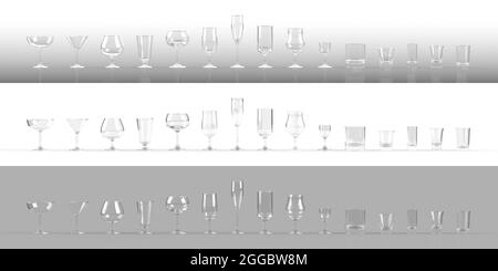 Une gamme de verres de bar vides allant des verres à vin et à cocktail aux verres à dose, rendus en 3d sur fond blanc, gris et dégradé. Banque D'Images