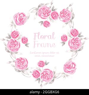 Cadre romantique avec fleurs roses et feuilles grises abstraites dessinées à l'aquarelle. Modèle pour les invitations de mariage, les cartes de vœux, les étiquettes Illustration de Vecteur