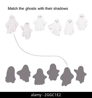 Halloween fantômes et leurs ombres match jeu, activités enfants feuille de travail imprimable, illustration vectorielle de puzzle éducatif Illustration de Vecteur