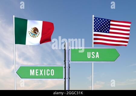 Signe indiquant la direction des frontières entre deux pays Mexique,USA, RENDU 3D Banque D'Images