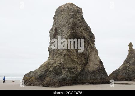 Une personne et un chien marchant parmi les piles de la mer sur la côte de l'Oregon à Bandon. Banque D'Images